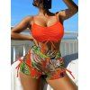 Vacation Couple Outfit Bright Color Cinched Palm Leaf Print Boyshorts Bikini Swimsuit and Shirt Set - Orange S | US 4