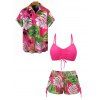 Vacation Couple Outfit Bright Color Cinched Palm Leaf Print Boyshorts Bikini Swimsuit and Shirt Set - Rouge Rose S | US 4