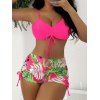 Vacation Couple Outfit Bright Color Cinched Palm Leaf Print Boyshorts Bikini Swimsuit and Shirt Set - Rouge Rose S | US 4