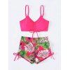 Vacation Couple Outfit Bright Color Cinched Palm Leaf Print Boyshorts Bikini Swimsuit and Shirt Set - Rouge Rose S | US 4