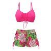 Vacation Couple Outfit Bright Color Cinched Palm Leaf Print Boyshorts Bikini Swimsuit and Shirt Set - Rouge Rose S | US 4