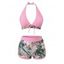 Ensemble de maillot de bain tankini de vacances, imprimé floral hibiscus, nœud papillon, dos nu et shorty - Rose XXL | US 12
