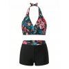 Ensemble de maillot de bain tankini de vacances à imprimé floral rétro et feuilles, style shorty dos nu - Rose Vif S | US 4