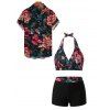 Vacation Couple Outfit Retro Floral Leaf Print Halter Boyshorts Swimsuit and Shirt Set - Rose Vif S | US 4