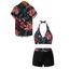 Vacation Couple Outfit Retro Floral Leaf Print Halter Boyshorts Swimsuit and Shirt Set - Rose Vif S | US 4
