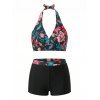 Vacation Couple Outfit Retro Floral Leaf Print Halter Boyshorts Swimsuit and Shirt Set - Rose Vif S | US 4