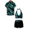 Vacation Couple Outfit Tropical Plant Leaf Print Halter Boyshorts Tankini Swimsuit and Shirt Set - Turquoise Foncée S | US 4