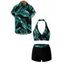 Vacation Couple Outfit Tropical Plant Leaf Print Halter Boyshorts Tankini Swimsuit and Shirt Set - Turquoise Foncée S | US 4