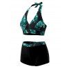 Vacation Couple Outfit Tropical Plant Leaf Print Halter Boyshorts Tankini Swimsuit and Shirt Set - Turquoise Foncée S | US 4