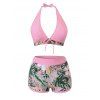 Vacation Couple Outfit Tropical Hibiscus Floral Leaf Print Bowknot Halter Tankini Swimsuit and Shirt Set - Rose S | US 4