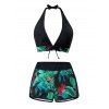 Vacation Couple Outfit Bowknot Halter Tropical Floral Leaf Pattern Swimsuit and Shirt Set - Rose Vif S | US 4