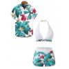 Vacation Couple Outfit Bowknot Halter Tropical Floral Leaf Pattern Swimsuit and Shirt Set - Blanc S | US 4