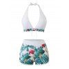 Vacation Couple Outfit Bowknot Halter Tropical Floral Leaf Pattern Swimsuit and Shirt Set - Blanc S | US 4