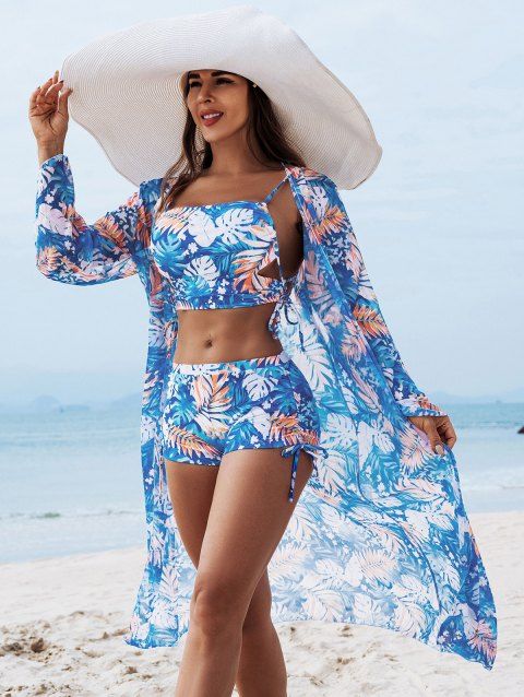 Ensemble de maillot de bain trois pièces pour vacances, imprimé tropical de feuilles de palmier, shorty élastiqué et paréo