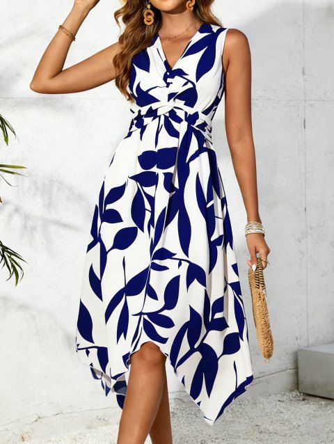 Robe de vacances élégante à col V asymétrique et coupe midi asymétrique