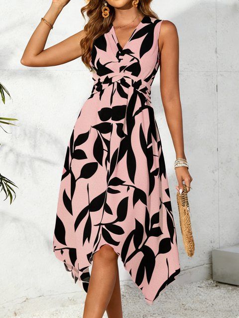 Robe de vacances élégante à col V asymétrique et coupe midi asymétrique