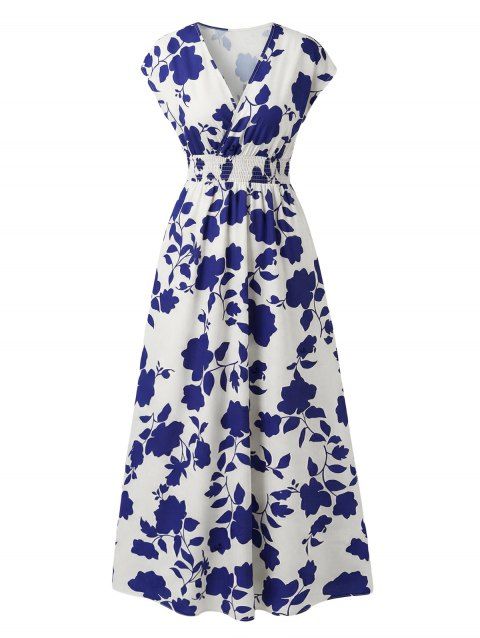 Robe de vacances imprimée de feuilles et de silhouettes, manches courtes, col en V, robe longue cache-cœur