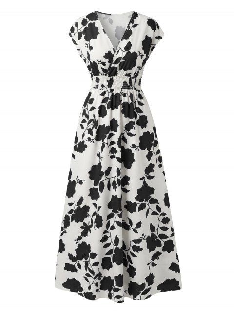 Robe de vacances imprimée de feuilles et de silhouettes, manches courtes, col en V, robe longue cache-cœur