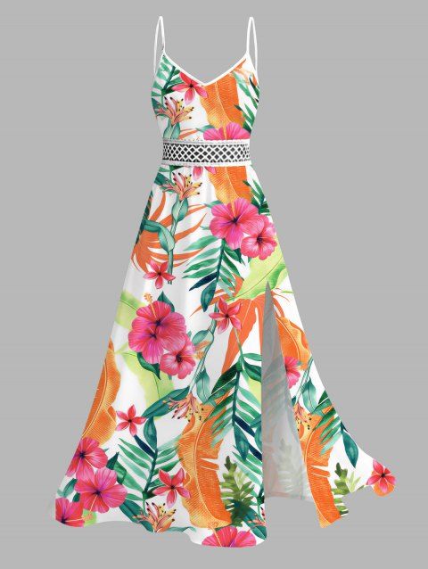 Robe de vacances imprimée de feuilles d'hibiscus aquarelle, dentelle ajourée et fendue