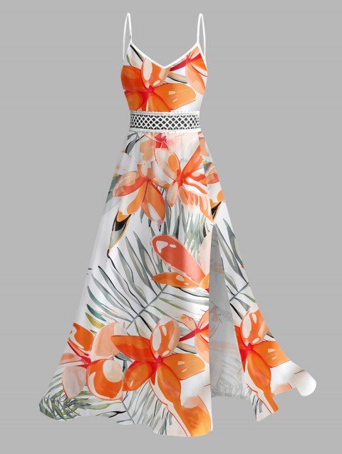 Robe de vacances imprimée de feuilles de frangipanier aquarelle, dentelle ajourée et fendue