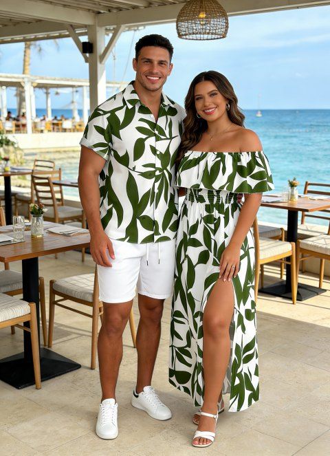 Tropical Leaf Matching Couple Vacation Outfit Off Shoulder Slit Maxi Dress and Hawaiian Shirt Set