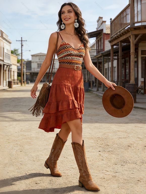 Bohemian Couple Outfit Zig Zag Ethnic Print Layered Dress and Shirt Set - Orange S | US 4