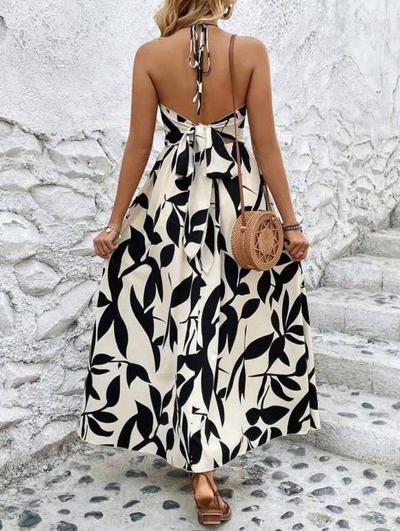 Robe de vacances minimaliste à motif de feuilles, découpe torsadée, fente, dos nu - Noir XL | US 10