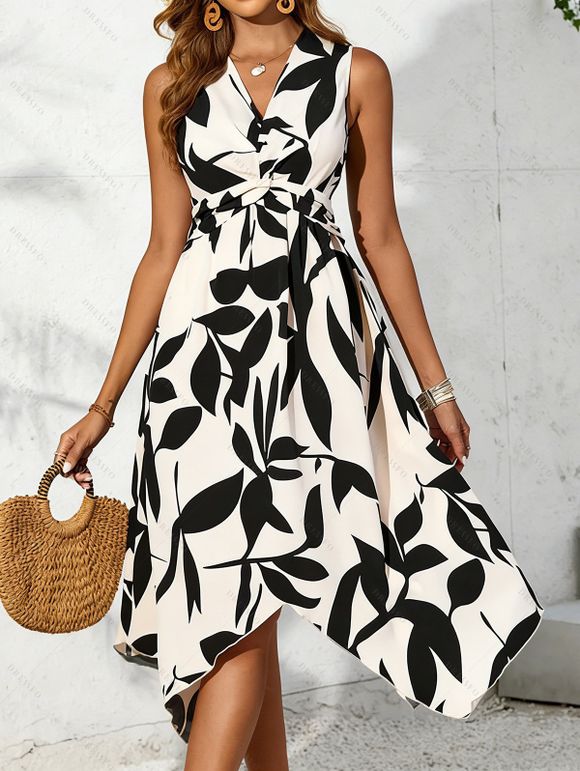 Robe de vacances élégante à col V asymétrique et coupe midi asymétrique - Noir XL | US 10