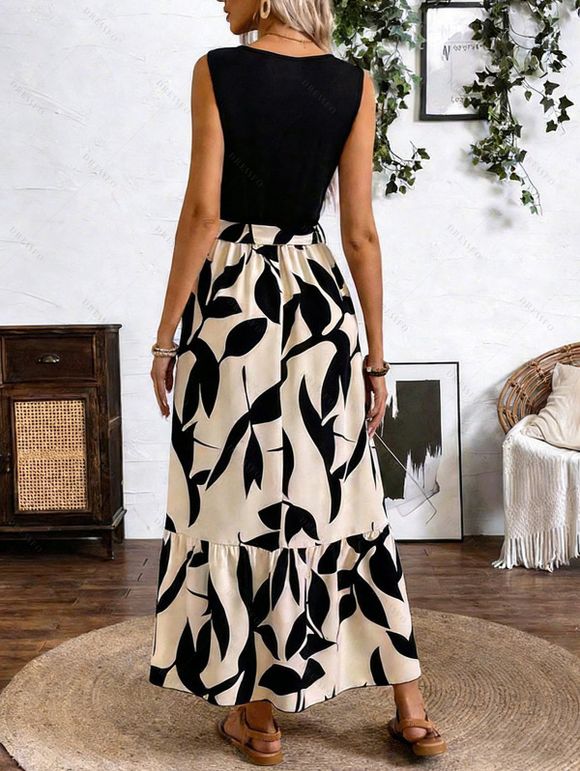 Robe longue élégante à imprimé feuilles minimaliste colorblock et ceinture crantée en V - Noir XXL | US 12