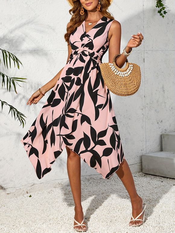 Robe de vacances élégante à col V asymétrique et coupe midi asymétrique - Rose clair XL | US 10