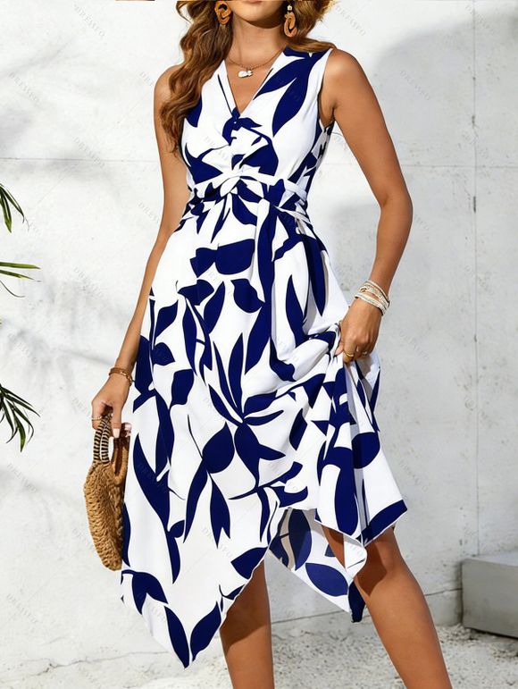 Robe de vacances élégante à col V asymétrique et coupe midi asymétrique - Bleu XL | US 10