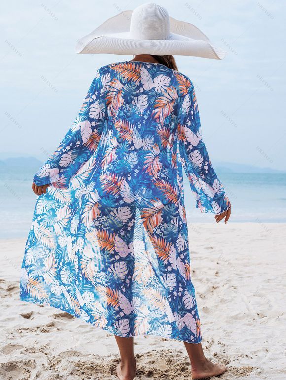 Ensemble de maillot de bain trois pièces pour vacances, imprimé tropical de feuilles de palmier, shorty élastiqué et paréo - Bleu clair XXL | US 12