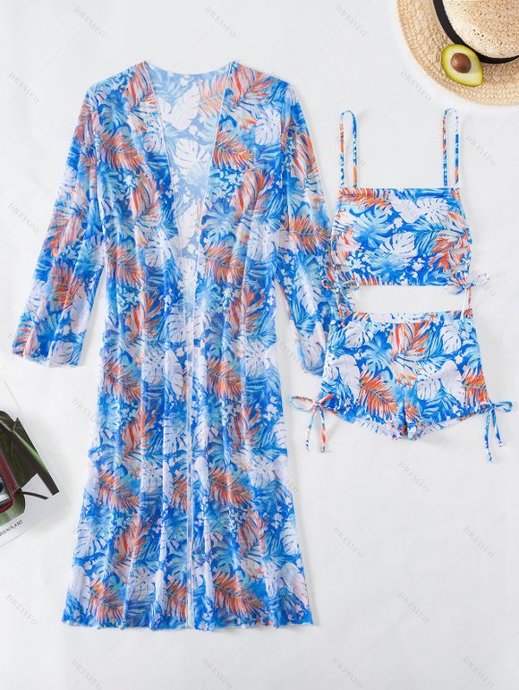 Ensemble de maillot de bain trois pièces pour vacances, imprimé tropical de feuilles de palmier, shorty élastiqué et paréo - Bleu clair XXL | US 12