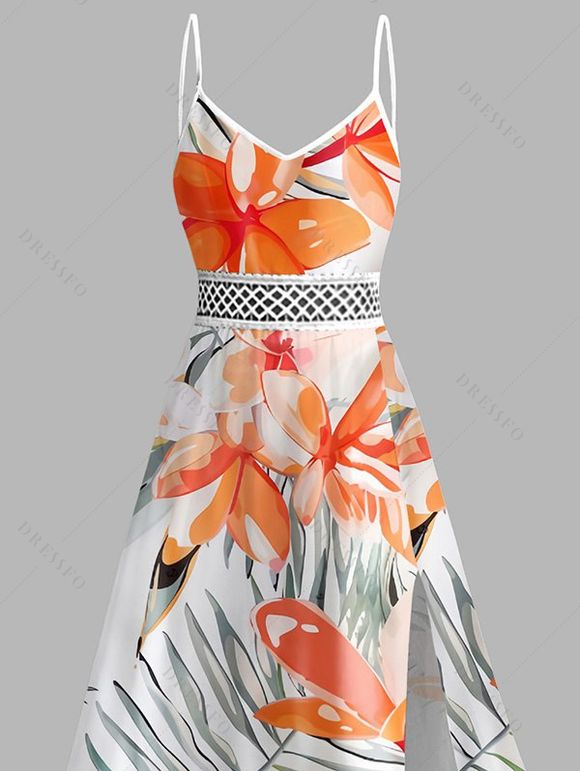 Robe de vacances imprimée de feuilles de frangipanier aquarelle, dentelle ajourée et fendue - Orange XXXXXL | US 20