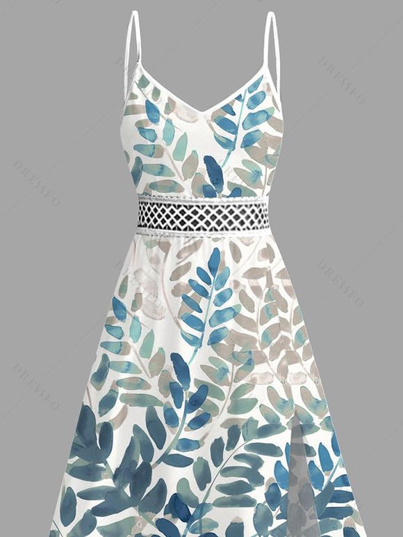 Robe de vacances imprimée de feuilles de vigne aquarelle, robe en dentelle ajourée fendue - Paon Bleu XXXXXL | US 20