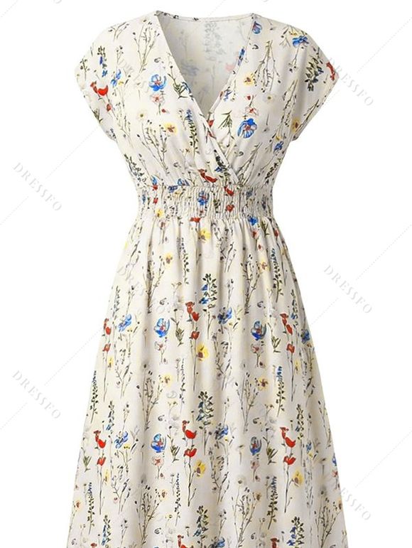 Robe de vacances à imprimé fleuri discret, décolleté cache-cœur en V, coupe trapèze, longue - multicolor XXL | US 14