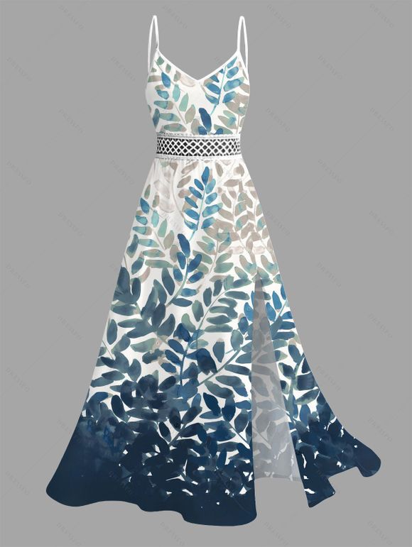 Vacation Couple Outfit Watercolor Vine Leaf Print Lace Hollow Out Slit Dress and Shirt Set - Paon Bleu S | US 4