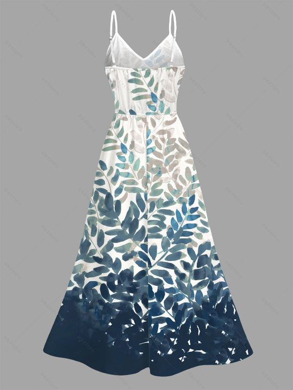 Vacation Couple Outfit Watercolor Vine Leaf Print Lace Hollow Out Slit Dress and Shirt Set - Paon Bleu S | US 4