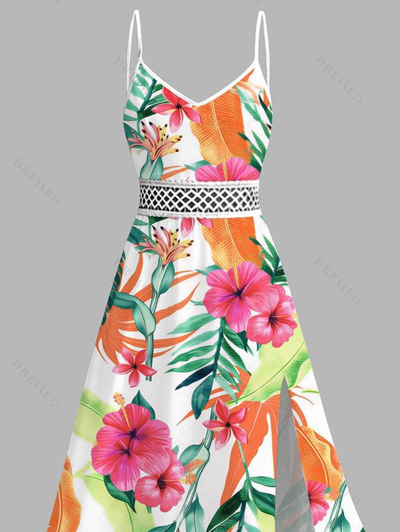 Robe de vacances imprimée de feuilles d'hibiscus aquarelle, dentelle ajourée et fendue - Orange XXXXXL | US 20