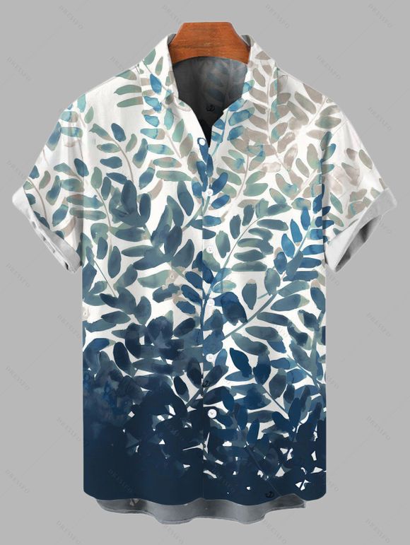 Vacation Couple Outfit Watercolor Vine Leaf Print Lace Hollow Out Slit Dress and Shirt Set - Paon Bleu S | US 4