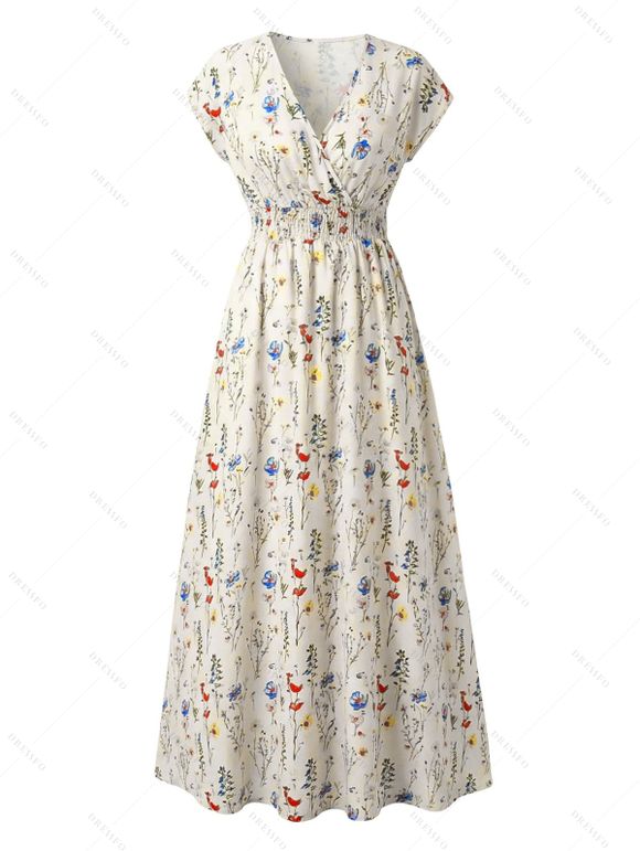 Vacation Couple Outfit Ditsy Flower Print Surplice Long Dress and Shirt Set - multicolor S | US 4