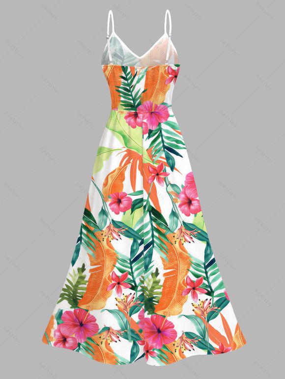 Vacation Couple Outfit Hibiscus Floral Leaf Print Lace Hollow Out Slit Dress and Shirt Set - Orange S | US 4