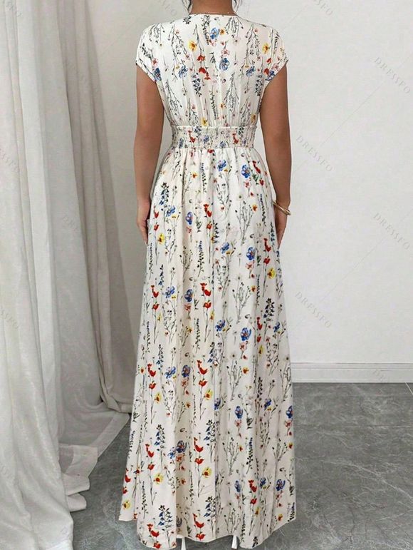 Vacation Couple Outfit Ditsy Flower Print Surplice Long Dress and Shirt Set - multicolor S | US 4
