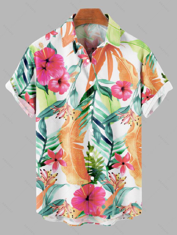 Vacation Couple Outfit Hibiscus Floral Leaf Print Lace Hollow Out Slit Dress and Shirt Set - Orange S | US 4