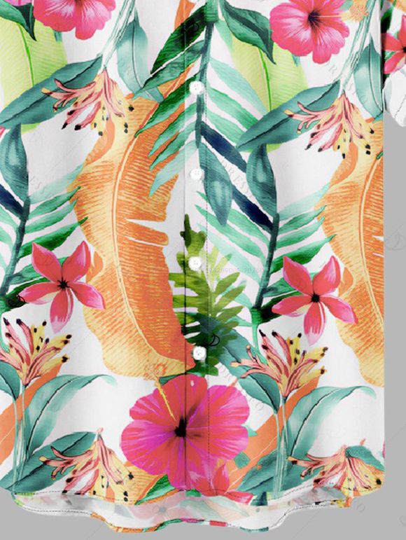 Vacation Couple Outfit Hibiscus Floral Leaf Print Lace Hollow Out Slit Dress and Shirt Set - Orange S | US 4