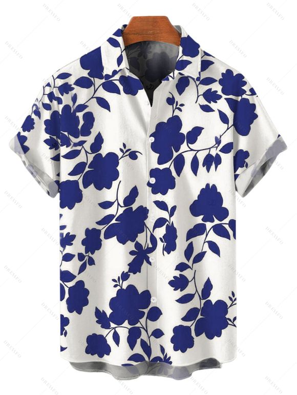 Vacation Couple Outfit Floral Leaf Silhouette Print Cap Sleeve Dress and Shirt Set - Bleu Marine S | US 4