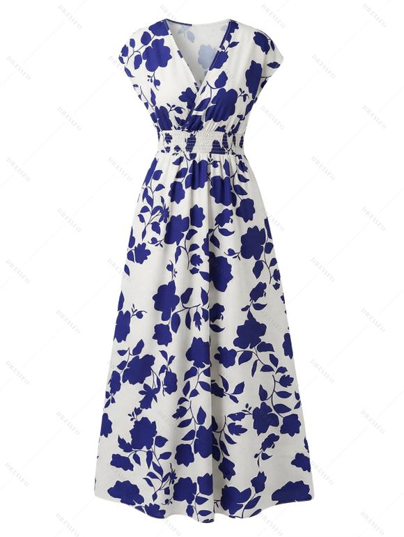 Vacation Couple Outfit Floral Leaf Silhouette Print Cap Sleeve Dress and Shirt Set - Bleu Marine S | US 4
