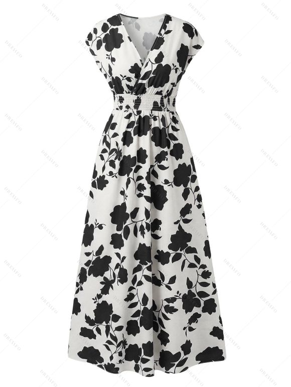 Vacation Couple Outfit Floral Leaf Silhouette Print Cap Sleeve Dress and Shirt Set - Blanc S | US 4