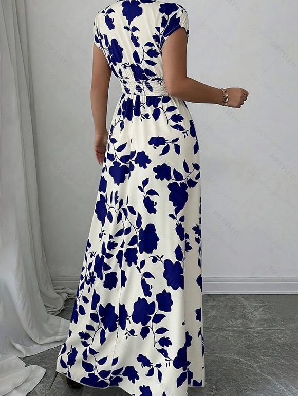 Vacation Couple Outfit Floral Leaf Silhouette Print Cap Sleeve Dress and Shirt Set - Bleu Marine S | US 4