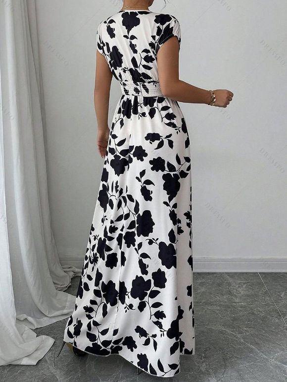 Vacation Couple Outfit Floral Leaf Silhouette Print Cap Sleeve Dress and Shirt Set - Blanc S | US 4